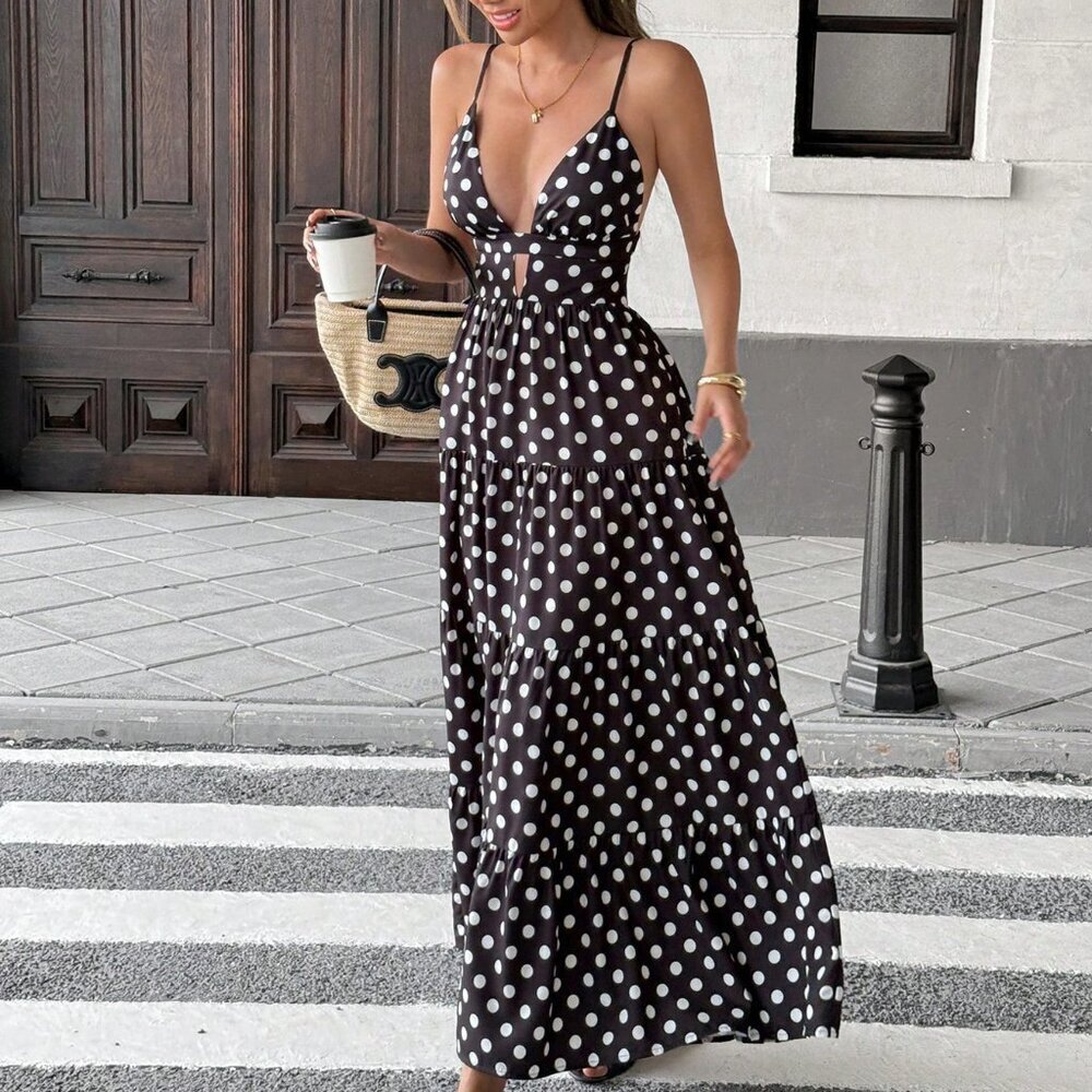 Black And White Boho Women's Loose Polka Dot Spaghetti Strap Patchwork Hem Dress - Picture 3 of 6